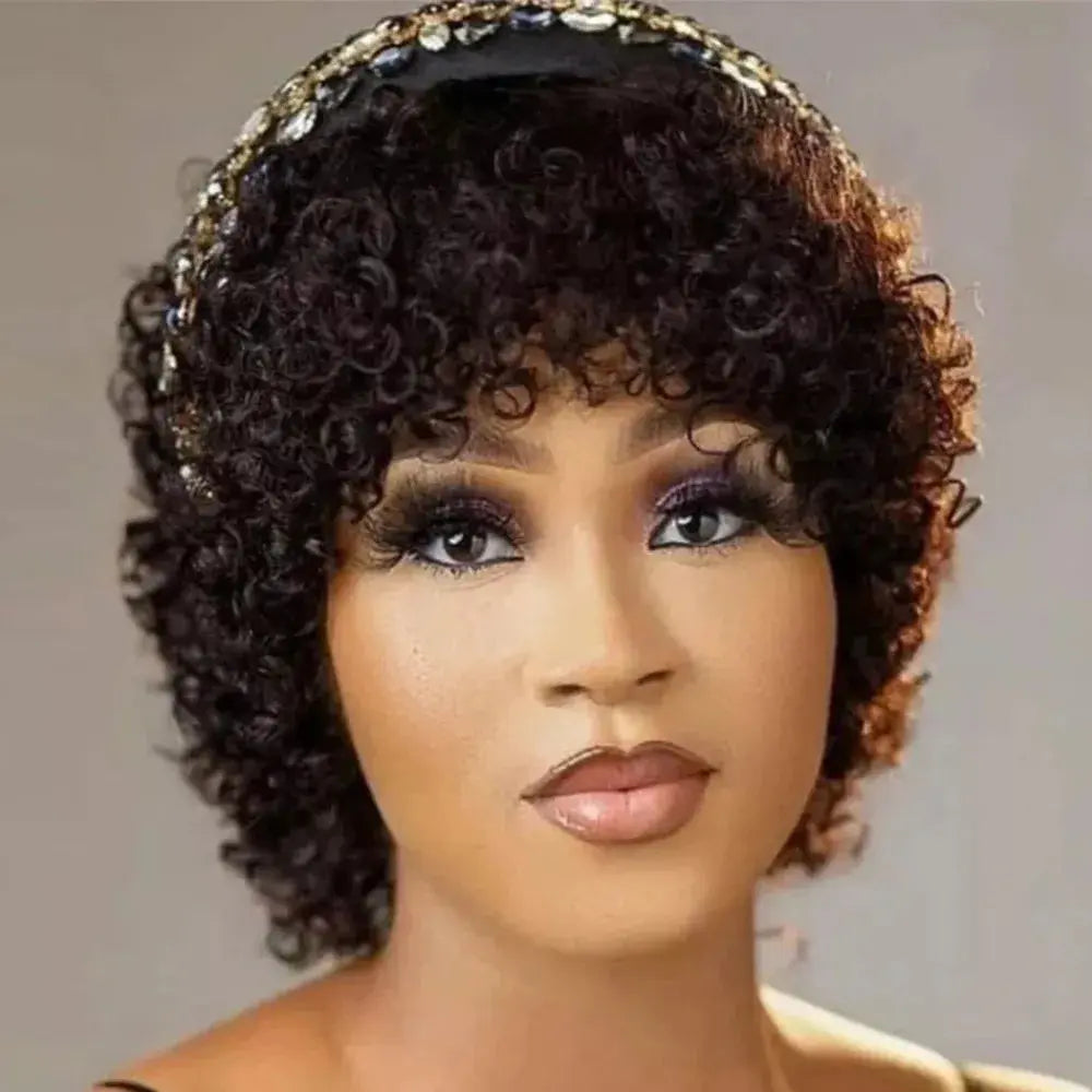 Full Machine Made 8 Inch Short Pixie Curly Bob Wig with Bangs Brazilian Human Hair Bouncy Curl Wig for Women Ready to Go Wig ﻿ ﻿ Beauty hair & fashionfj