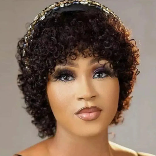 Full Machine Made 8 Inch Short Pixie Curly Bob Wig with Bangs Brazilian Human Hair Bouncy Curl Wig for Women Ready to Go Wig ﻿ ﻿ Beauty hair & fashionfj