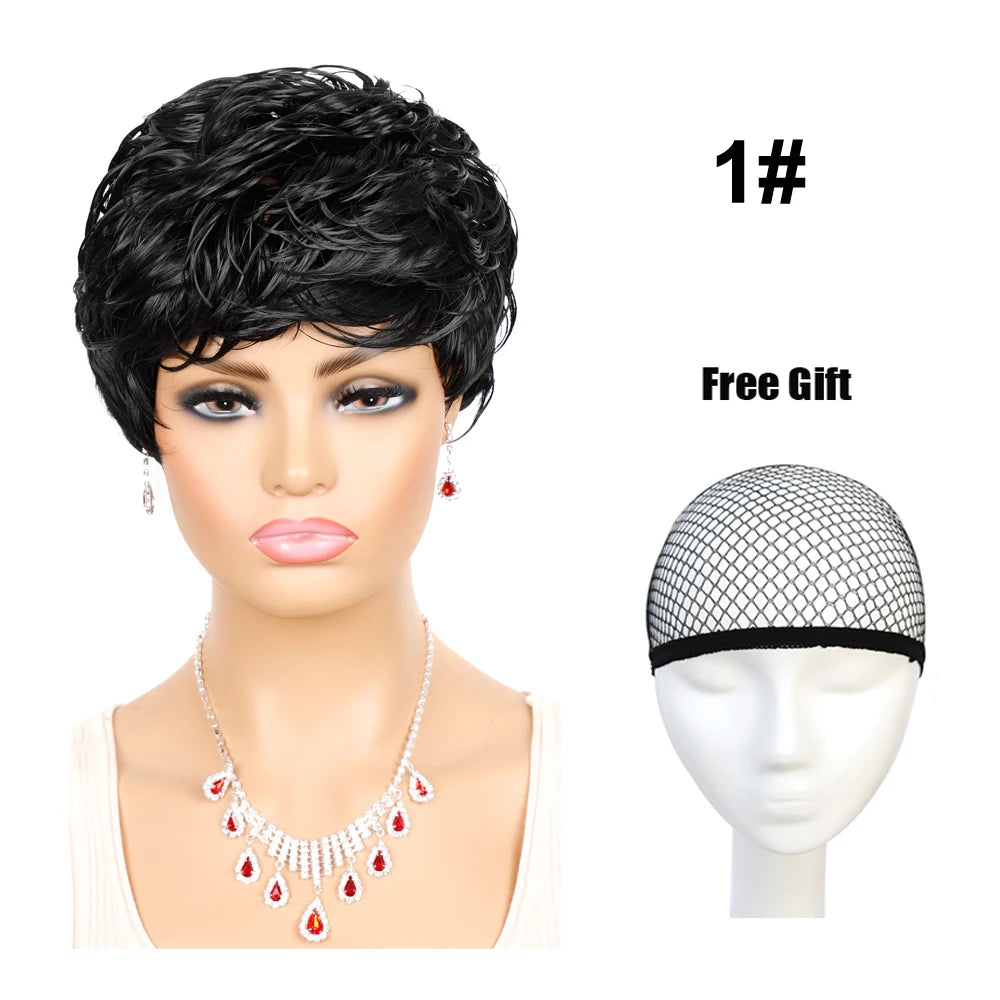 Short Wigs Women Natural Wave Wigs For Women Black Color Heat Resistant Fiber Synthetic Hair Pixie Cut Wig With Bangs