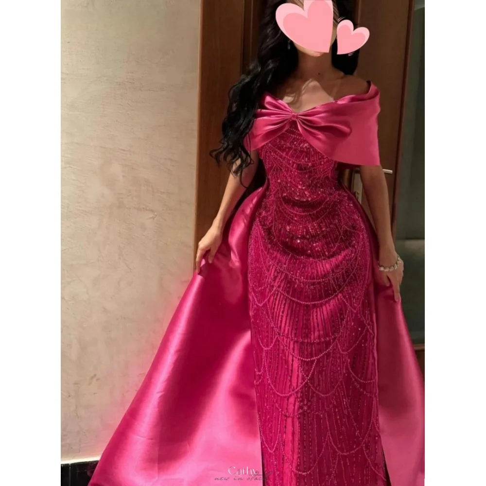 Cathy Rose Red Bow Shawl Off the Shoulder vestidos de noche Mermaid Beading Party Dresses Floor-Length Customized Prom Dress Beauty hair & fashionfj