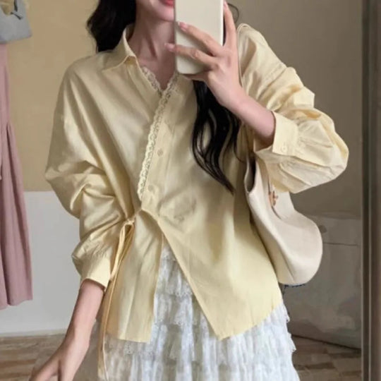 French Retro Lace Patchwork V-Neck Shirts Women Fashion Irregular Bandage Long Sleeve Shirt Woman Korean Design White Blouse