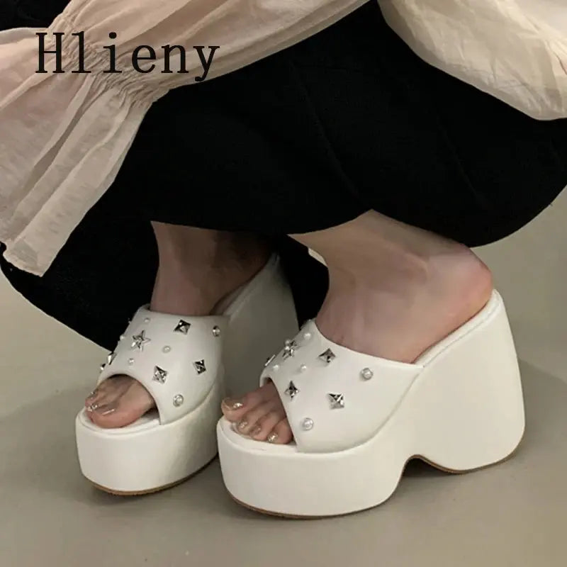 Hlieny Summer Platform Women's Wedges Slippers Shoes Fashion Metal Rivets Thick Bottom High Heels Banquet Female Sandals Beauty hair & fashionfj