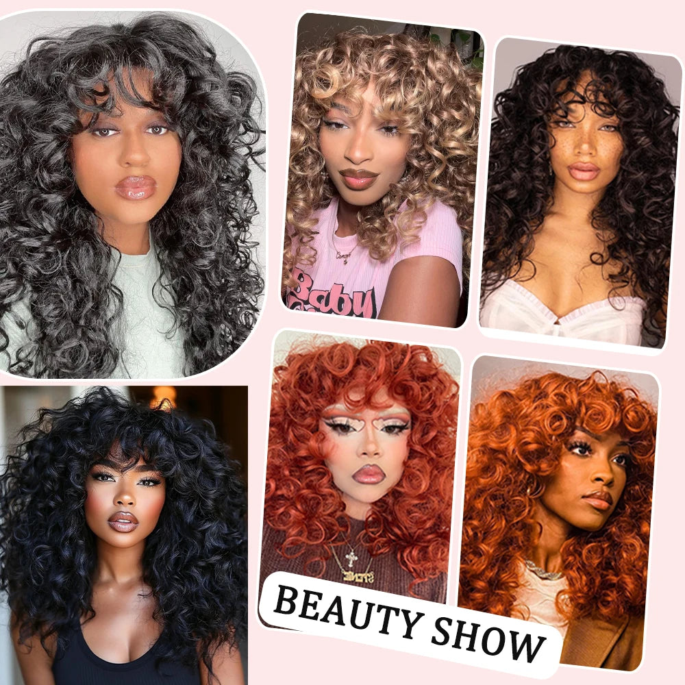 Curly Wig for Women Ombre Blonde Long Curly Wave Wigs with Bangs Synthetic Wig Natural Cosplay Party Heat Resistant Hair