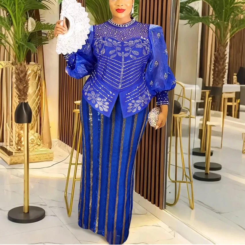 Elegant African Dresses for Woman 2025 New Sequined Diamond Plus Size Luxury Evening Party Dashiki Ankara Outfits Robes Clothes Beauty hair & fashionfj