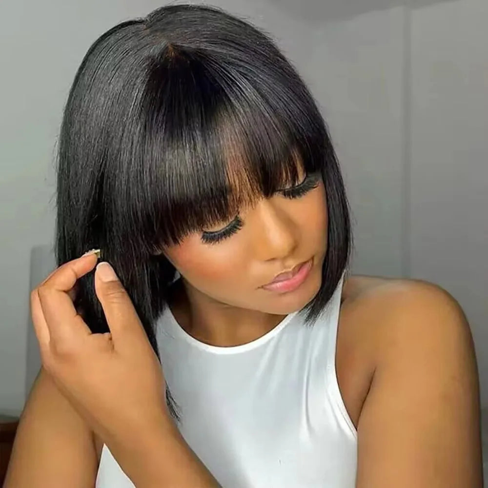 Bone Straight Wig With Bangs Brazilian Fringe Bob Human Hair Wigs Full Machine Made Wigs Short Bob Wig For Women On Clearance
