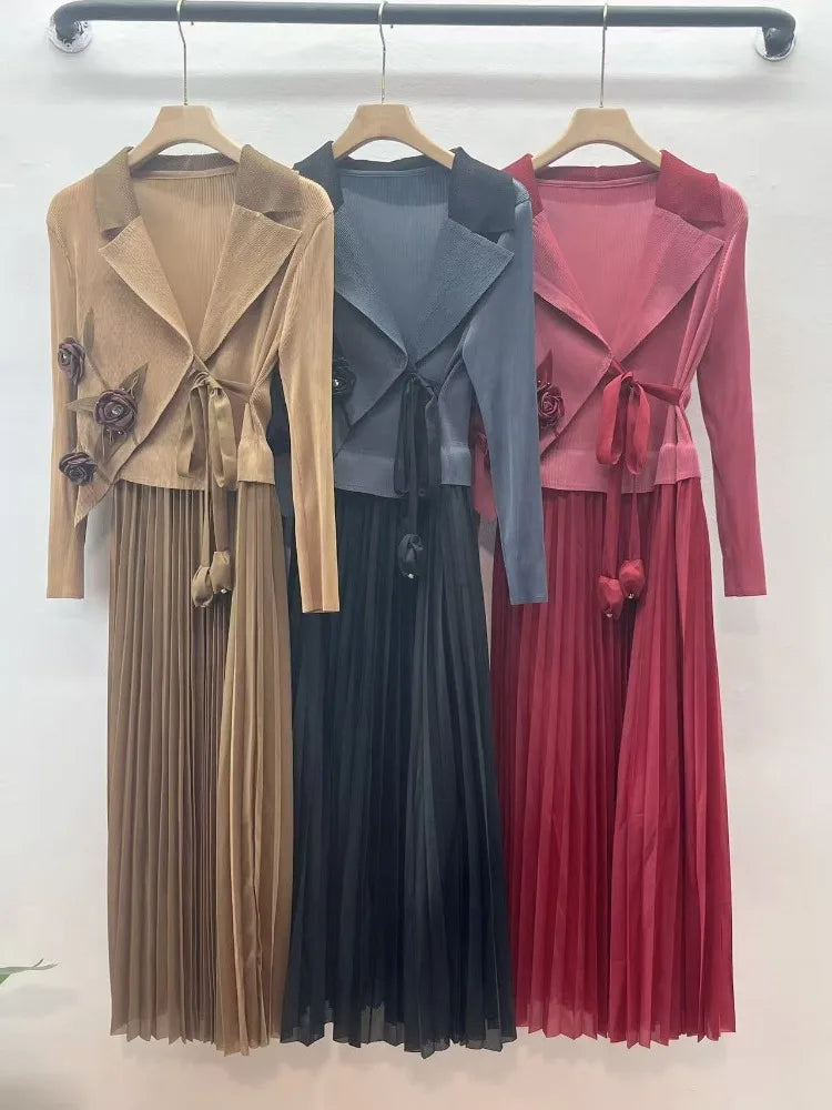 Miyake Pleated Dress 2025 Summer New Suit Collar Loose High-end Temperament Socialite Waist Thin Pleated Women's Clothing