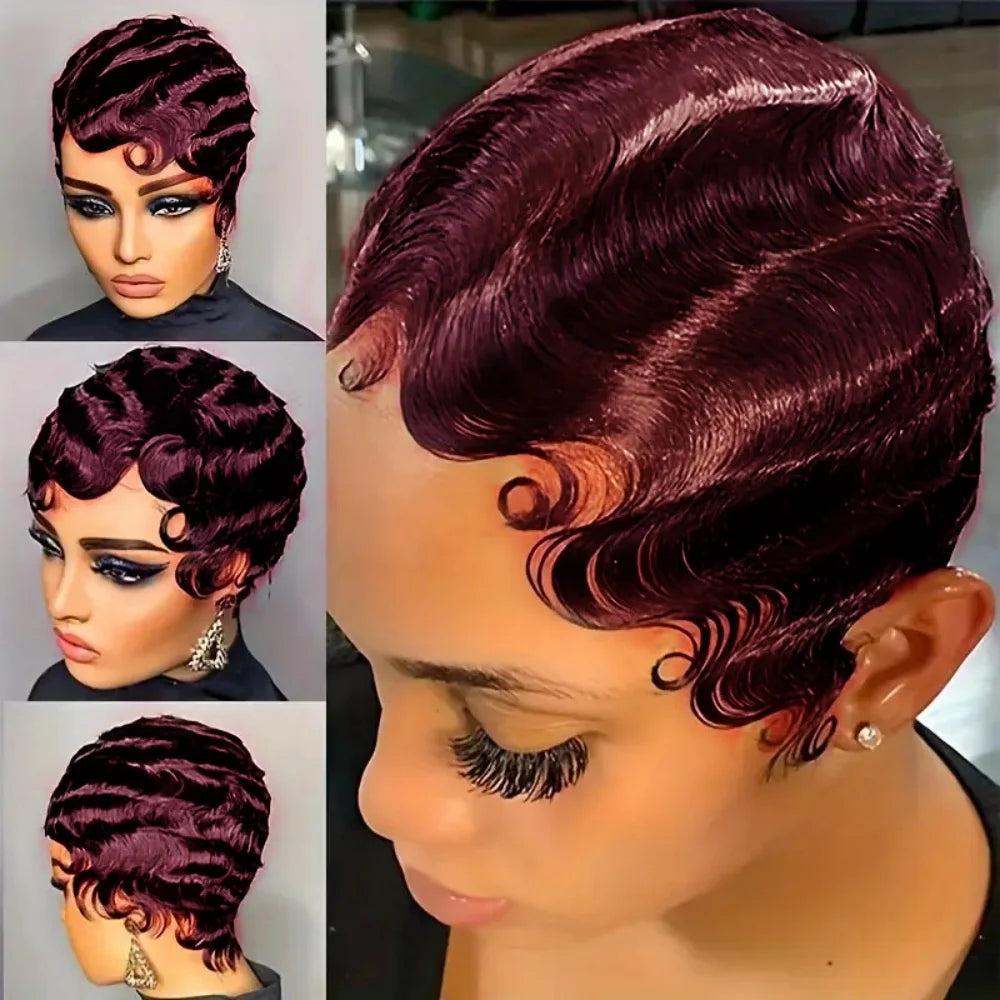 Finger Wave Wig Brazilian Short Pixie Cut Wig Human Hair Wigs For Women Full Machine Made Wig Natural Look