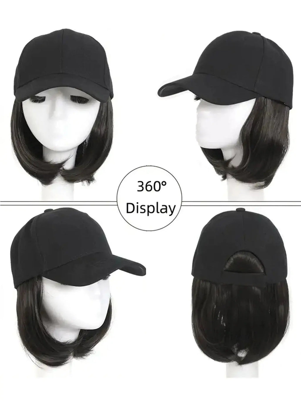 Hat Wigs Synthetic Short Bob Straight Wig With Black Baseball Cap Adjustable Hat Wigs Straight Hair Extensions For Women Fashion Beauty hair & fashionfj