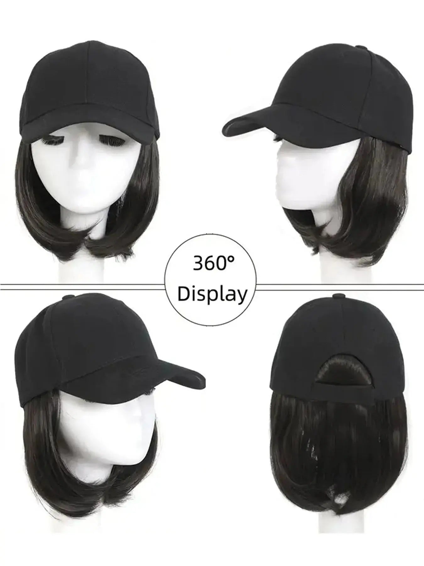 Hat Wigs Synthetic Short Bob Straight Wig With Black Baseball Cap Adjustable Hat Wigs Straight Hair Extensions For Women Fashion Beauty hair & fashionfj