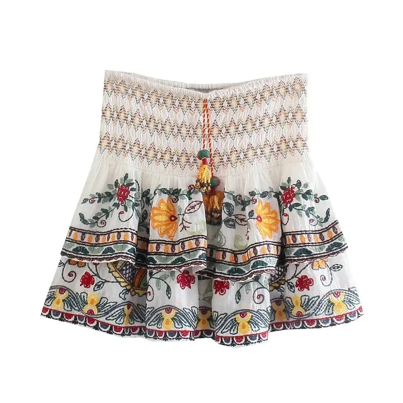 Batwing Sleeve Women Autumn Embriodery Paisley Print Skirt Set Outfits V Neck Button Tiered Mini Skirt Dress Suit Vintage Set Beauty hair & fashionfj