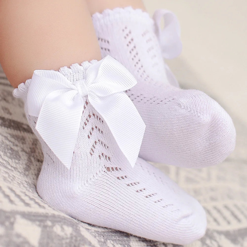 Baby Girls Socks With Big Bows Breathable Children Girl Short Socks Hollow Toddlers Kids Cotton Princess Cute Socks For 0-5Years