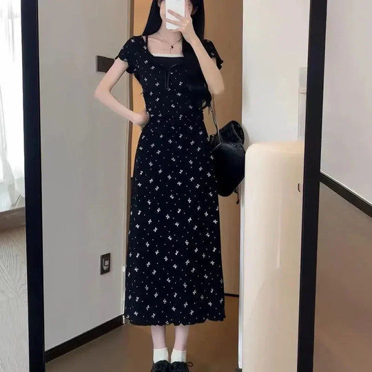 Lucyever Fake Two Piece Bowknot Print Dress Women Summer Lace Patchwork Short Sleeve Dresses Korean Fashion Slim Mini Dress Lady Beauty hair & fashionfj