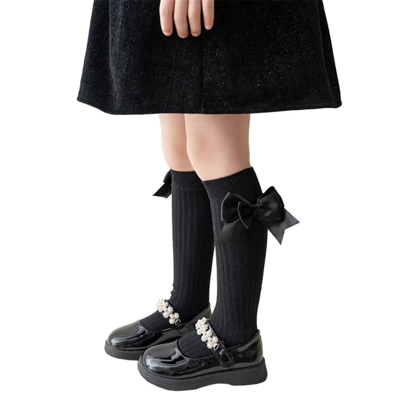 Pairs Girls Knee High Socks with Big Ribbons Bow, Back to School Socks Cotton Socks Uniform Party Wear Long Socks