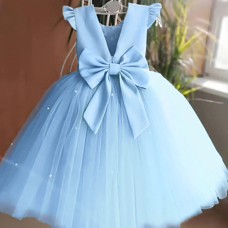 Toddler Girl Flower Birthday Tulle Dress Backless Bow Wedding Gown 1-8Y Kids Party Wear Princess Dress Baby Girl Bowknot Dresses Beauty hair & fashionfj