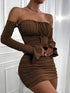 Sexy Bodycon Dresses Women 2024 Black Brown Red Green White Pleated long sleeve Mini Dress Vestidos Elegant Club Party Dresses Beauty hair & fashionfj