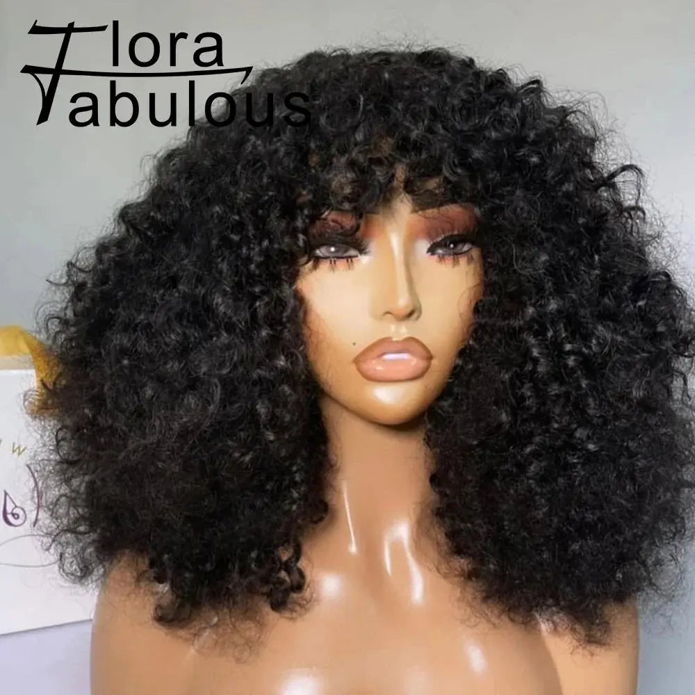 Curly Human Hair Wigs With Bangs 180% Density Water Wave Virgin Human Hair Full Machine Made Curly Glueless Wigs For Black Women Beauty hair & fashionfj