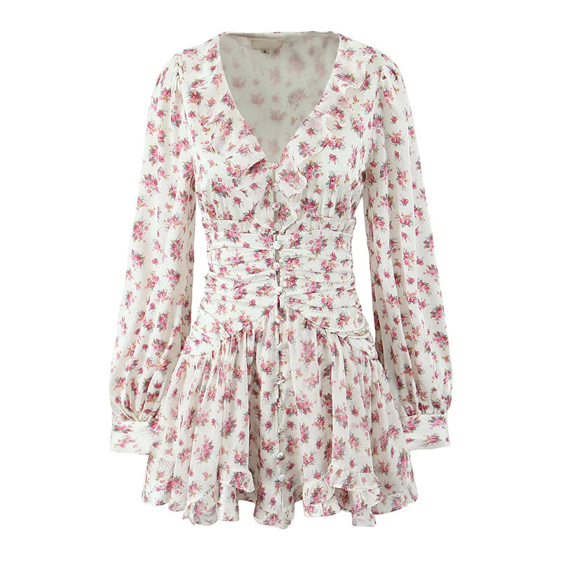 YENKYE Spring 2025 Women Sweet Floral Print Ruffle Mini Dress Front Button Long Sleeve V Neck A-line Holiday Boho Dresses Short Beauty hair & fashionfj