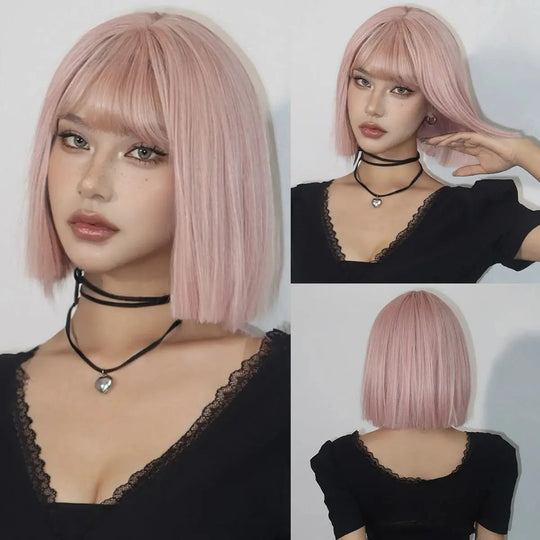 Short Black Brown Synthetic Natural Hair Wigs for Women Bob Straight Wig with Bangs High Temperature Daily Cosplay Party Wigs Beauty hair & fashionfj