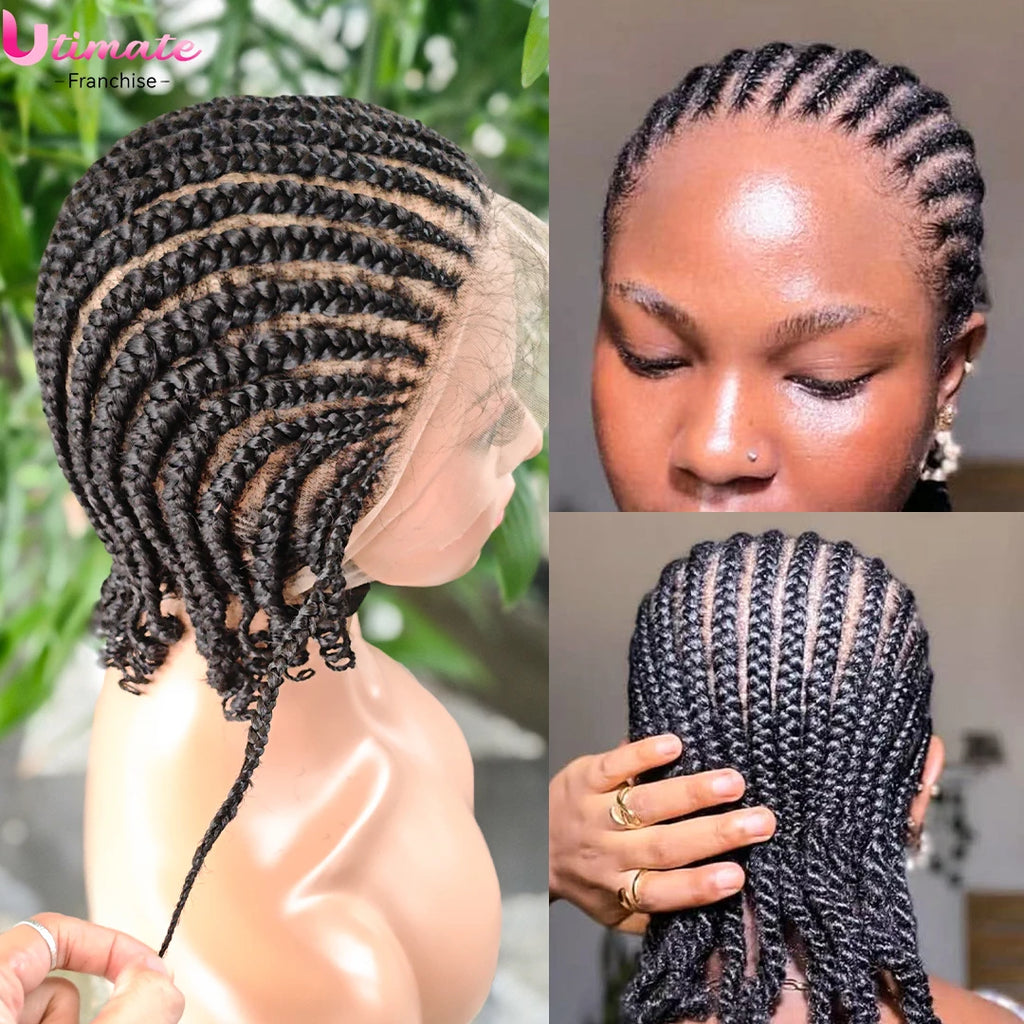 8 Inch Full Lace Synthetic Braided Wig with Baby Hair And Curly Ends Knotless Cornrow for Black Women Natural Looking Wigs