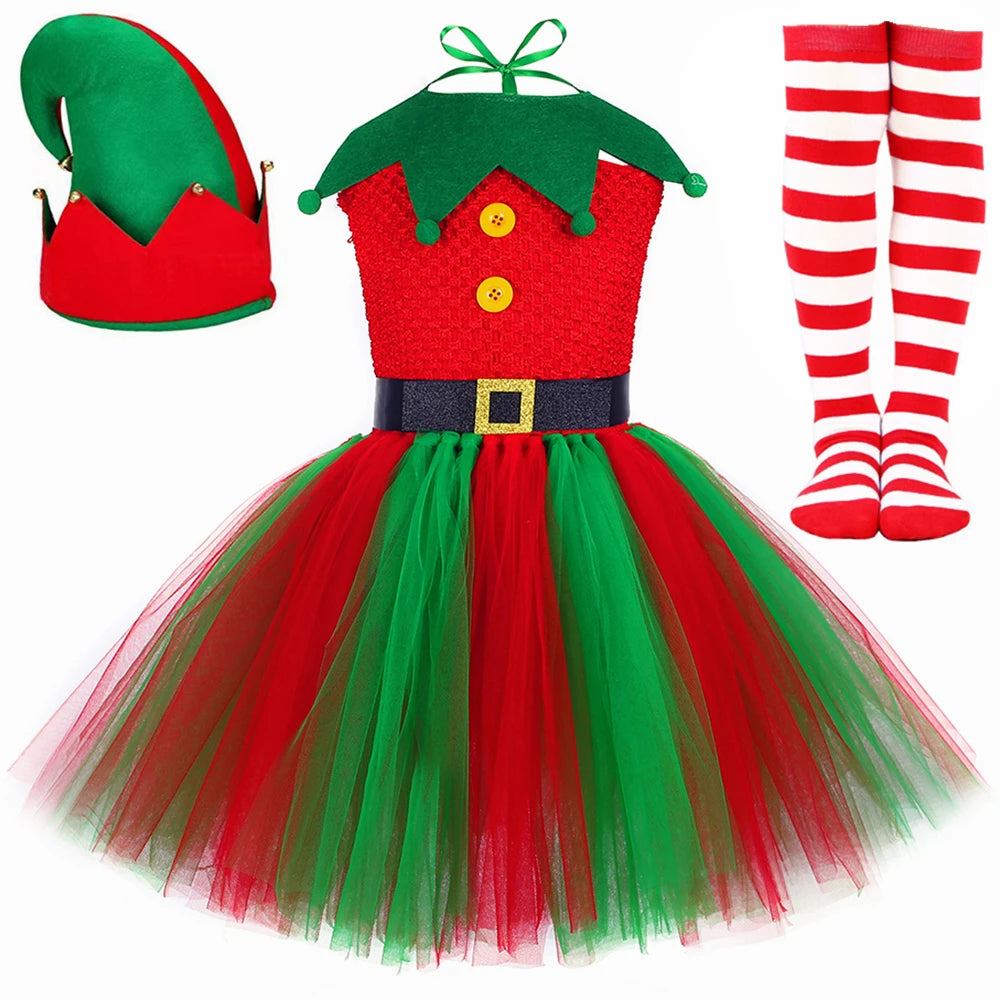 Christmas Elf Costume for Girls Xmas Holiday Party Tulle Dress Up Clothes Toddler Kids Red Green Elf Tutu Princess Dress Outfit