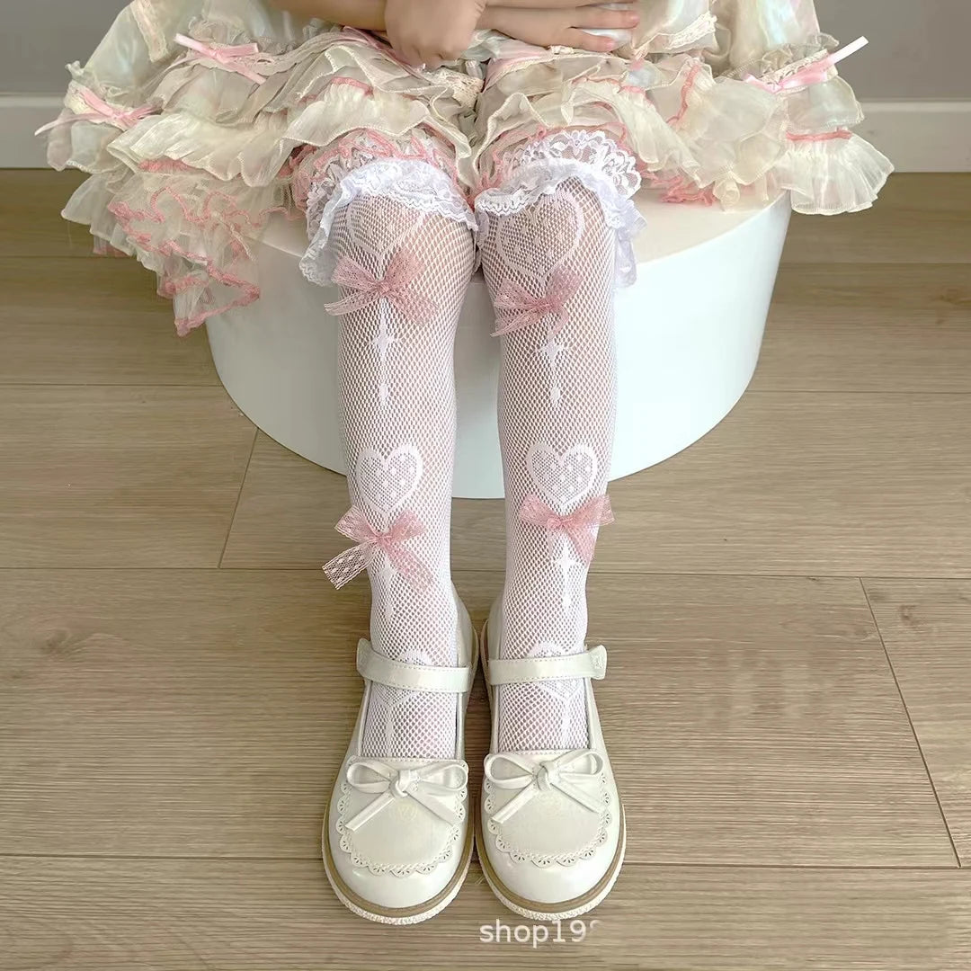 Girls Long Tube Lace Stockings Sweet Bow Jacquard Pattern Mesh Sock Baby Girl Ballet Fishing Net Frilly Socks Lolita Leggings