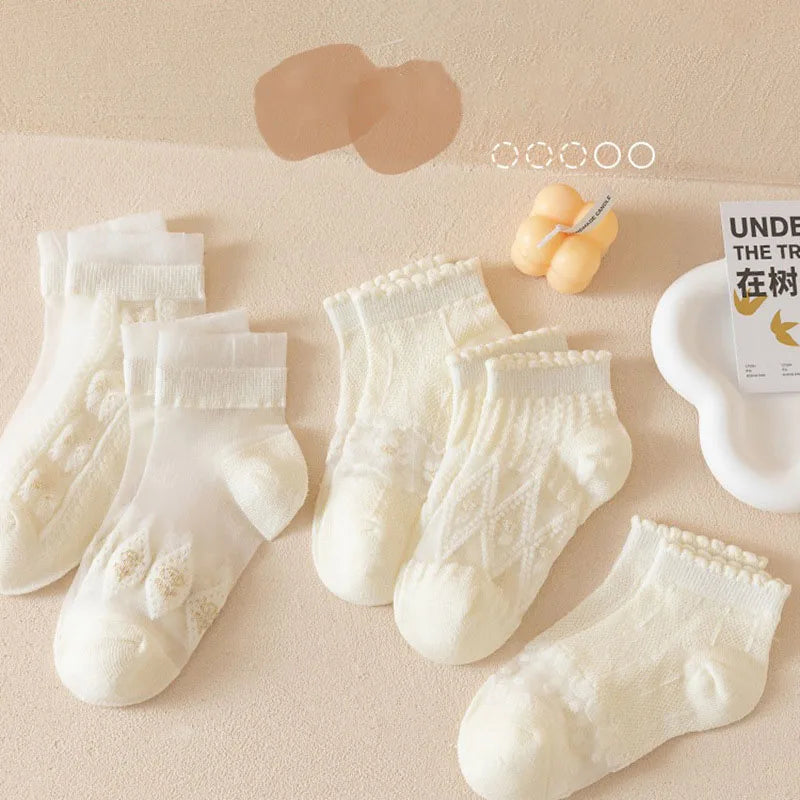 5Pairs Summer Soft Cotton Girls Socks Breathable Children Short Ankle Socks Kids Lace Princess Mesh Ruffle Lolita Socks