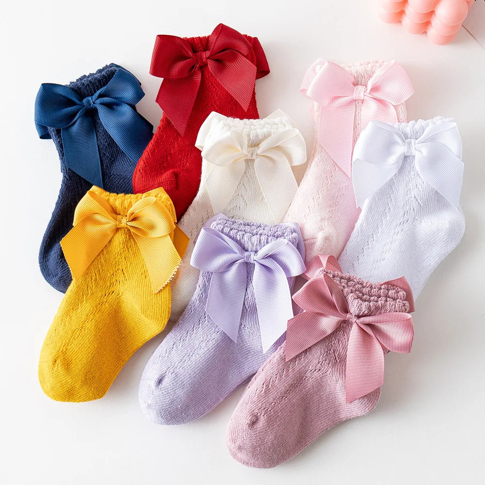 Baby Girls Socks With Big Bows Breathable Children Girl Short Socks Hollow Toddlers Kids Cotton Princess Cute Socks For 0-5Years