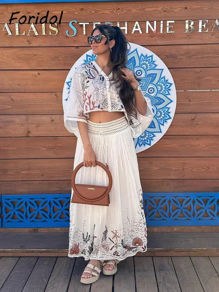 Batwing Sleeve Women Autumn Embriodery Paisley Print Skirt Set Outfits V Neck Button Tiered Mini Skirt Dress Suit Vintage Set Beauty hair & fashionfj