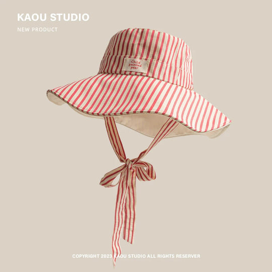 Korean Version Ins Retro Striped Big Brim Sun Hats for Women Summer Travel Sunscreen Versatile Fashion Strap Bucket Hat Beauty hair & fashionfj