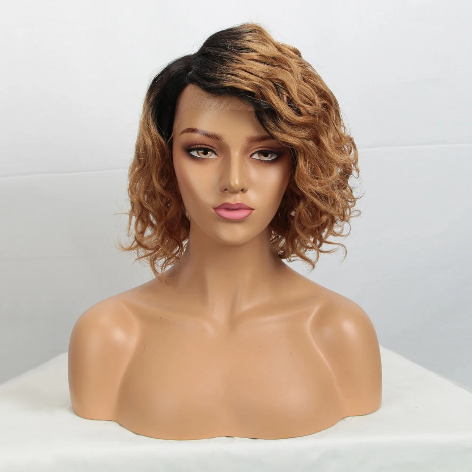Brazilian Short Curly Bob Human Hair Wigs For Women Water Wave transparent Lace Front Wig Highlight Honey Blonde Colored Wigs