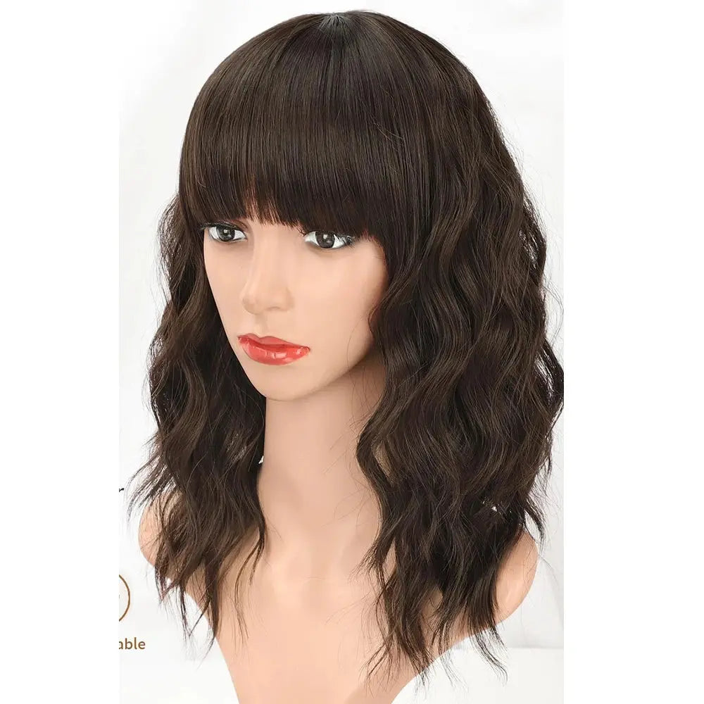 HAIR Natural Brown Synthetic Curly Wavy Bob Wig with Bangs for Women Beauty hair & fashionfj