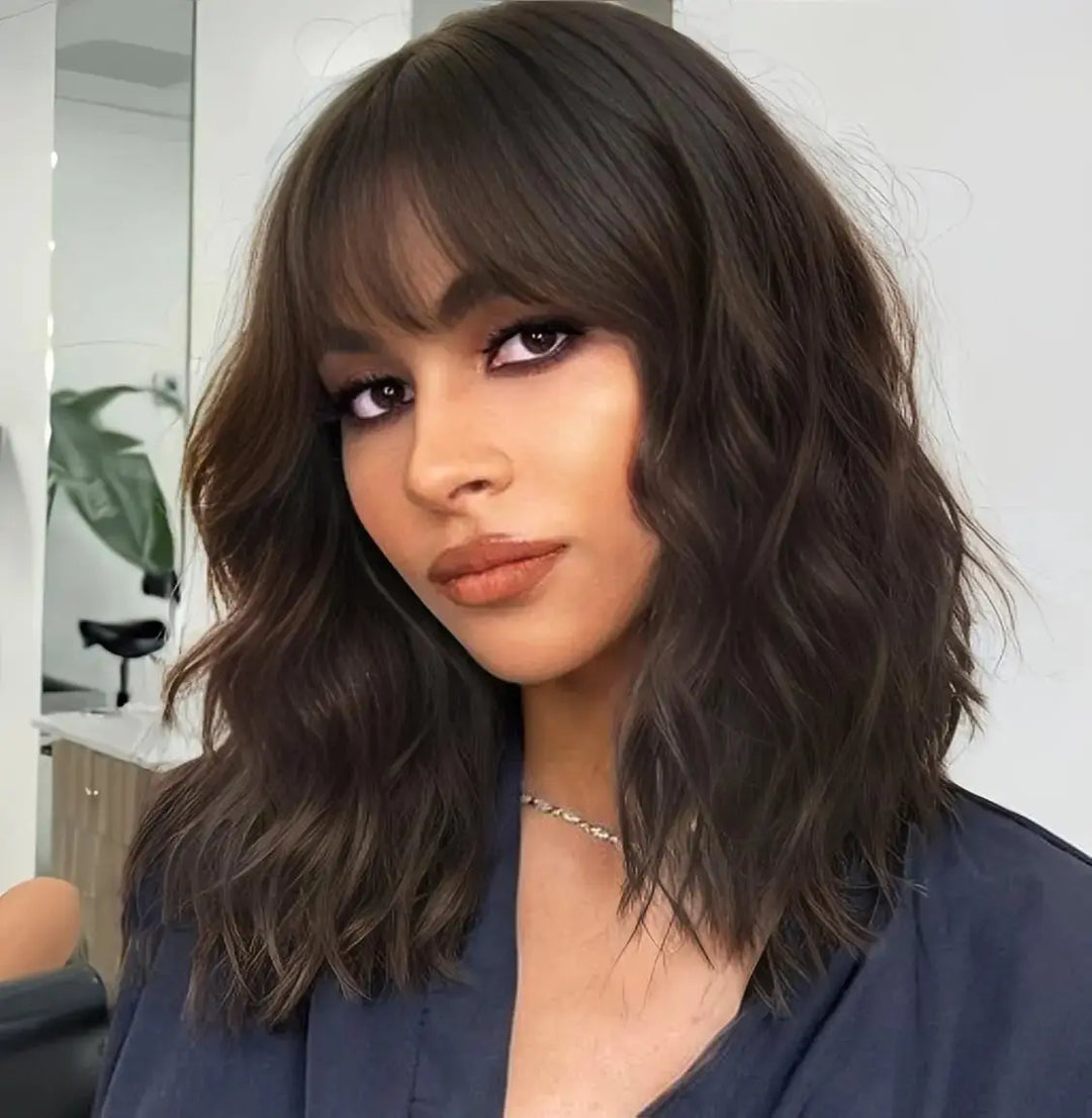 HAIR Natural Brown Synthetic Curly Wavy Bob Wig with Bangs for Women Beauty hair & fashionfj