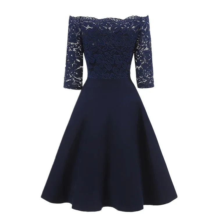 Women Elegant Wedding Bridesmaid Dinner Dress Sexy Lace Off Shoulder Party Dresses Solid Color Half Sleeve Evening Gown Vestido Beauty hair & fashionfj