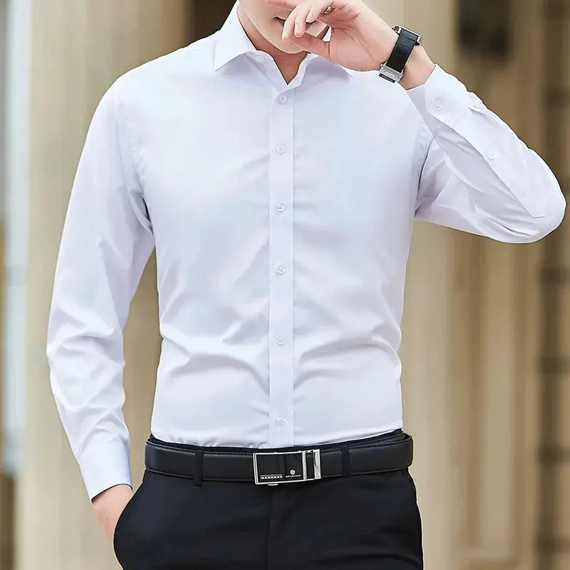 New Plus Size Men Solid Color Business Shirt Fashion Classic Basic Casual Slim White Long Sleeve Shirt Brand Clothes Beauty hair & fashionfj