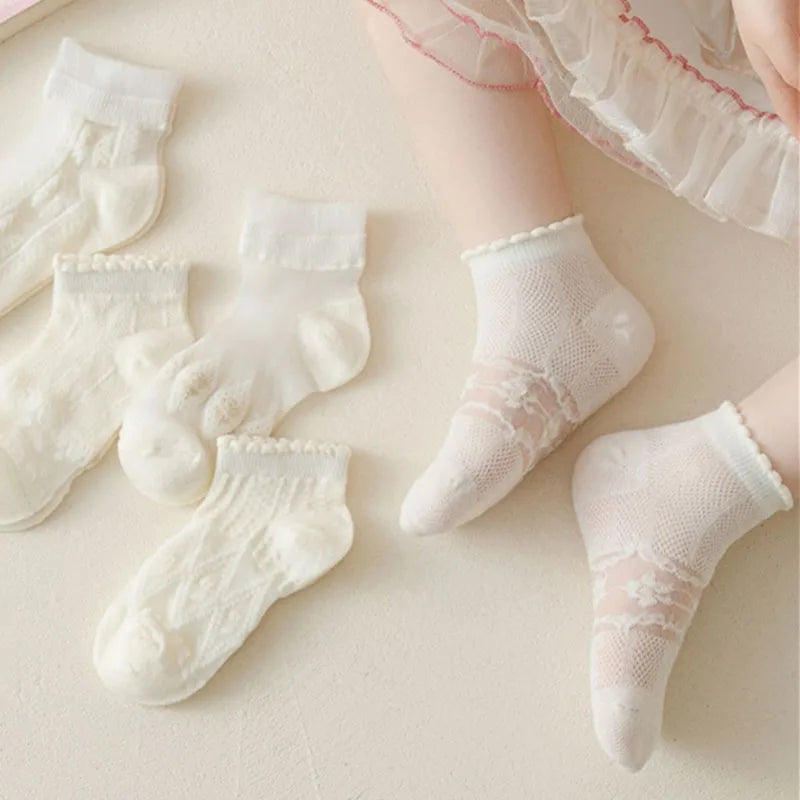 5Pairs Summer Soft Cotton Girls Socks Breathable Children Short Ankle Socks Kids Lace Princess Mesh Ruffle Lolita Socks