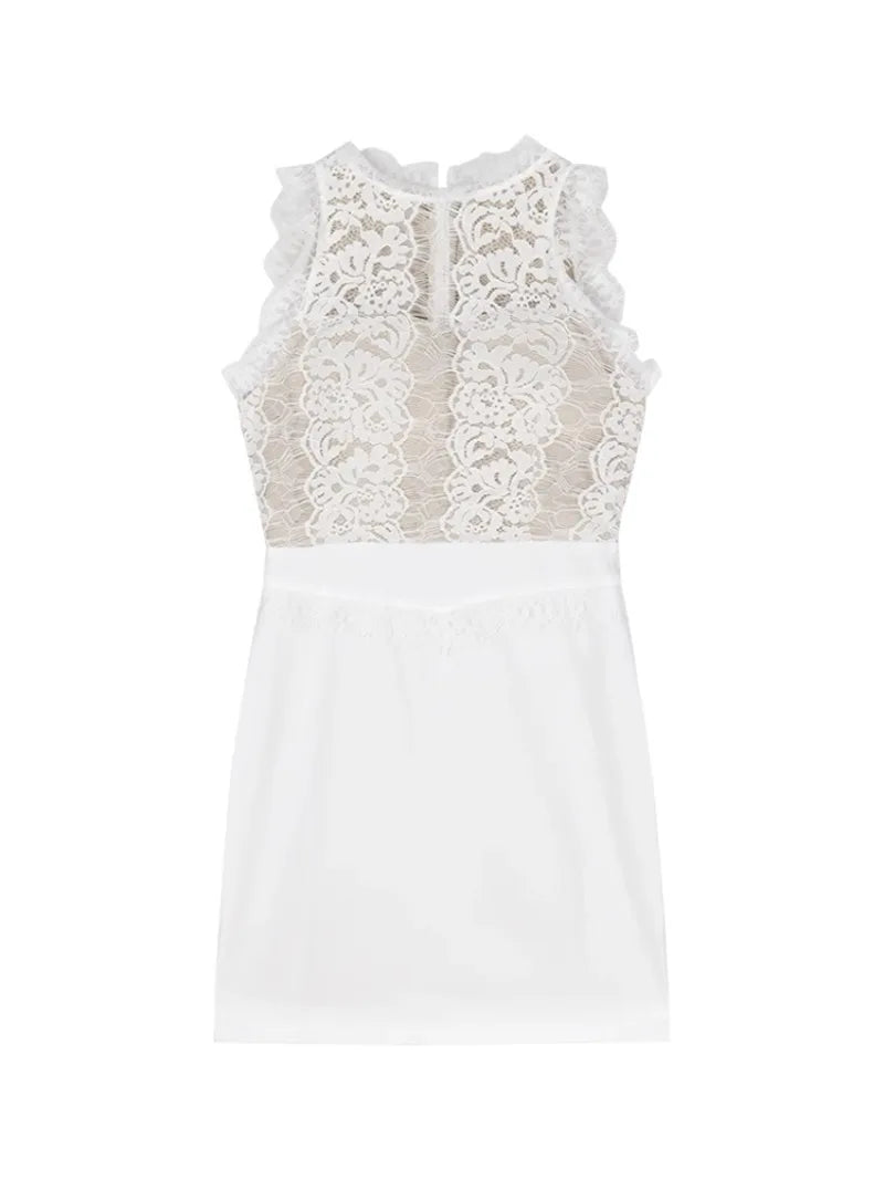 Lace Mini Dress Women Sleeveless Slim Waist Dresses Splice Hip Wrap Korean Round Neck Hollow Out Sweet Solid Summer Wear Beauty hair & fashionfj