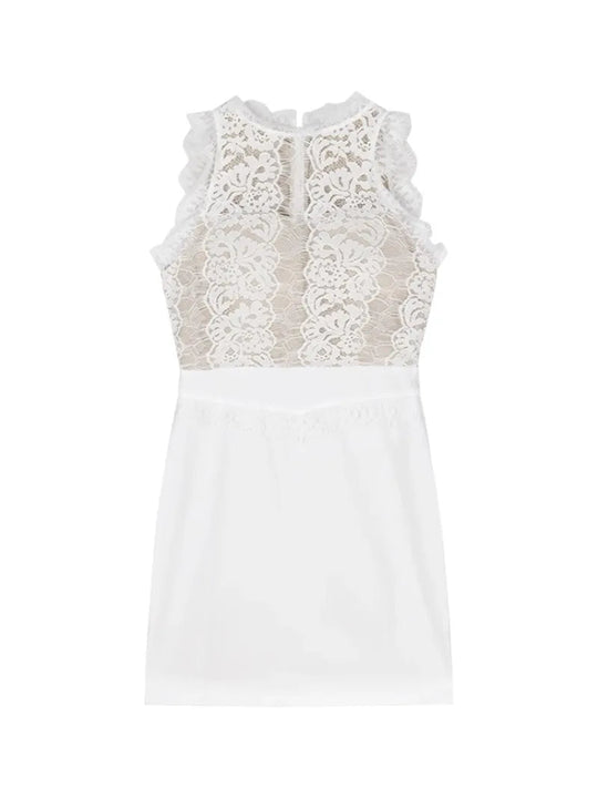 Lace Mini Dress Women Sleeveless Slim Waist Dresses Splice Hip Wrap Korean Round Neck Hollow Out Sweet Solid Summer Wear Beauty hair & fashionfj