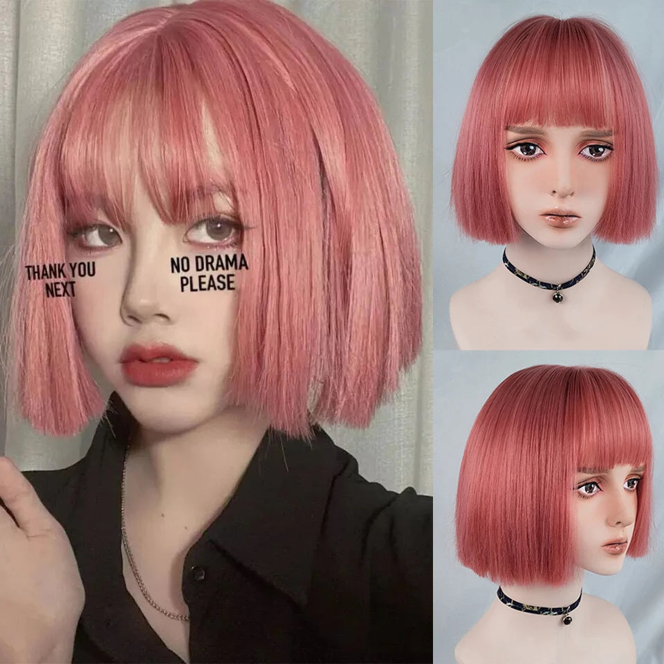 Short Bob Straight Synthetic Blonde Wig With Bangs Girl Female Crochet Hair Silver White Pink Orange Wig