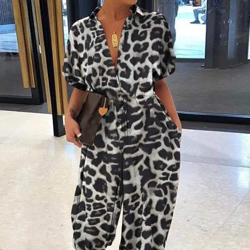 Women's New Jumpsuit Long Fashionable Leopard Print Jumpsuit Women's Retro Short Sleeved Button Casual Loose Pants Jumpsuit Beauty hair & fashionfj