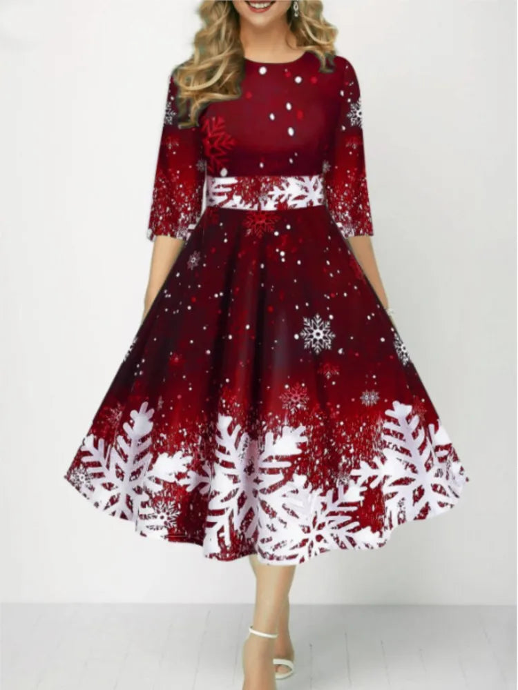 Autumn Winter New Snowflake Digital Print Women's 3/4sleeves Christmas Dress Fashion Waist Elegant Female A Line Christmas Dress Beauty hair & fashionfj