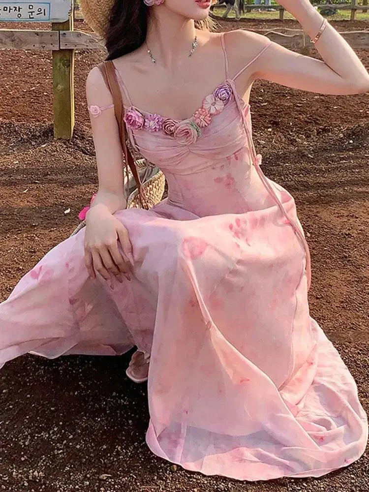 Casual Light Pink Printed Sleeveless Dress Beach Fashion Y2K Vintage Chic Summer French Retro Elegant Chiffon Midi Dress Women Beauty hair & fashionfj