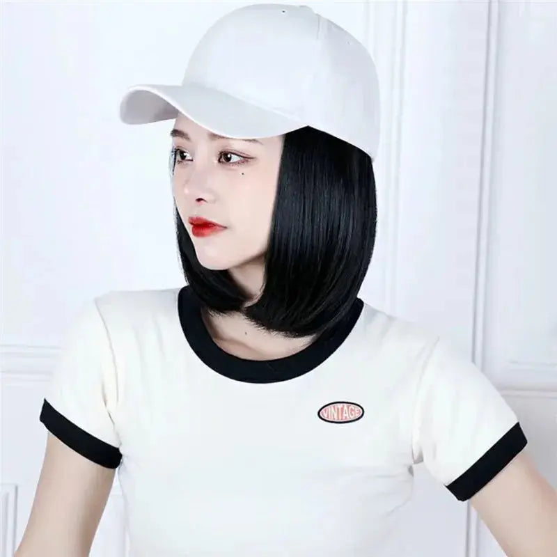 Fashion 8inch Hat Wigs Black Golden Synthetic Short Bob Straight Wig With White Black Baseball Cap Adjustable Hat Wigs For Women Beauty hair & fashionfj