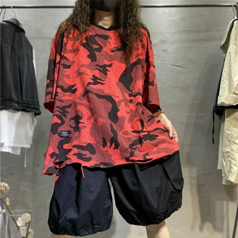 Hooded T-shirt Women Camouflage Short-sleeved Cotton T Shirt Summer Korean Style Tops Loose Thin Camouflage Uniform Student Tops Beauty hair & fashionfj