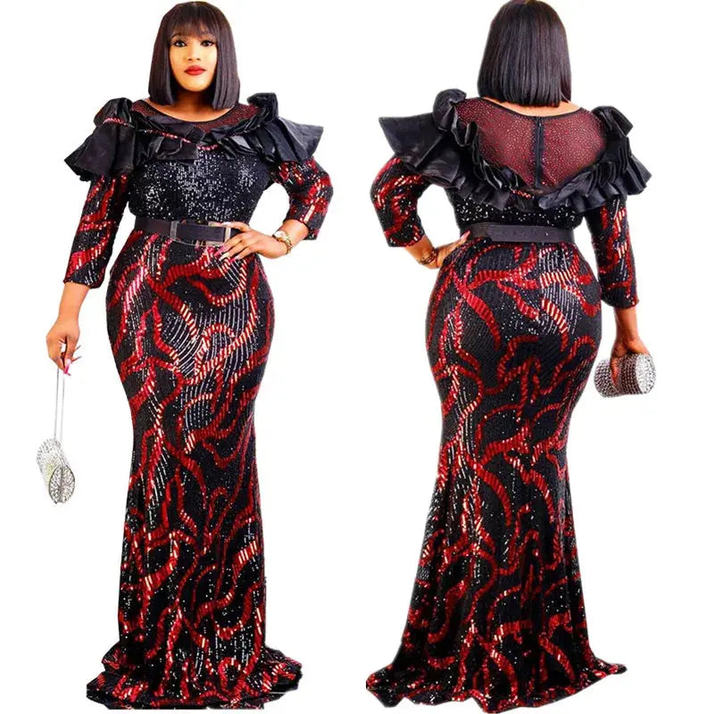 African Dresses For Women 2022 Lady Elegant Glittering Evening Dress Sparkle Sequin Sexy Sheath Maxi Party Gowns Come With Belt Beauty hair & fashionfj