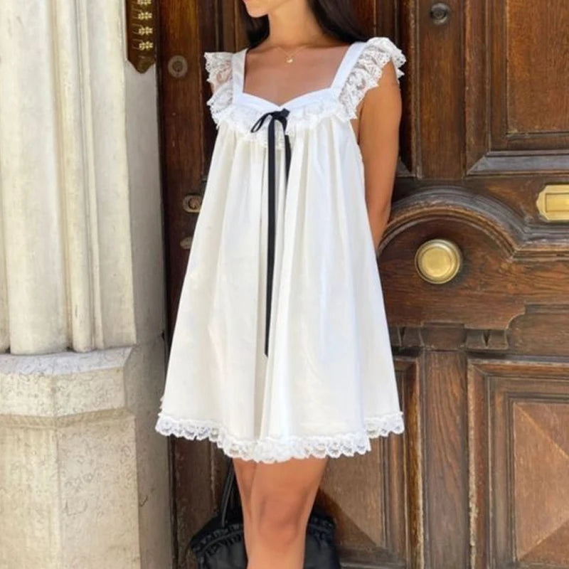 Cute Ribbon Bow Square Collar Sleeveless Short Dress Lace Trimmed Babydoll Mini Dress Fairycore Y2k Cute Women A-line Dress Beauty hair & fashionfj