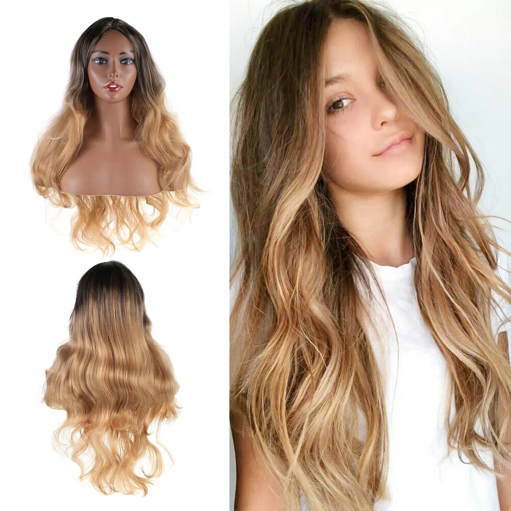 Long Wavy Flax Golden Wig for Women 65-70cm Synthetic Looking Wigs High Temperature Silk Full Curly Wigs for Daily Party Cosplay