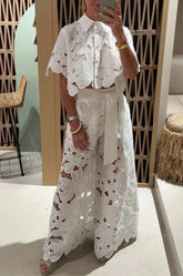 Elegant Lapel Half-sleeved Crop Top + Wide-leg Pants Sexy Hollow 2-piece Set Women Fashion Spring Solid Color Loose Suit Female Beauty hair & fashionfj