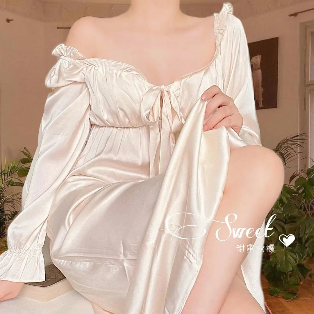 Women's Elegant Nightgown French Style Ladies Summer Long Sleeve Night Dress Bow Sexy Homewear Nightdress For Female S-2XL Beauty hair & fashionfj