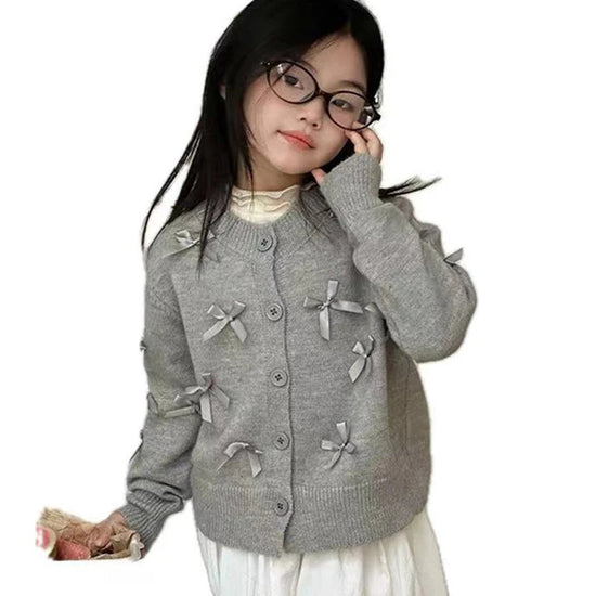Elegant School Girl Cotton Sweaters Gray Color Cardigan with Bows for Girls Kids Knitwear Fashion Autumn Teen Baby Knit Clothes Beauty hair & fashionfj