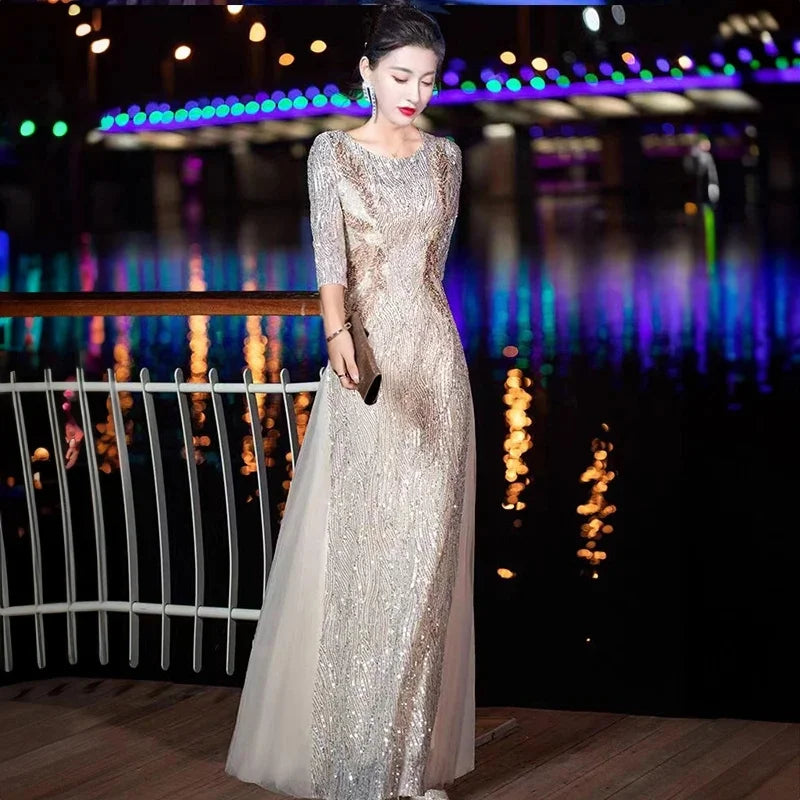 Evening Gown High-end Banquet Niche Light Luxury Host Steel Companion Conductor Choir Performance Costume Women's Long Dress WLF Beauty hair & fashionfj